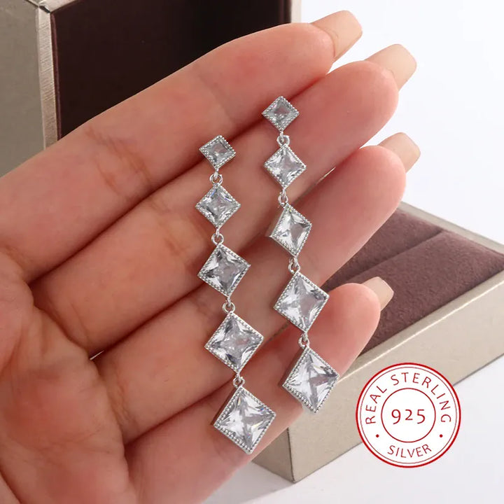 Elegant Fringe Geometric Diamond Square Long Zircon Earrings