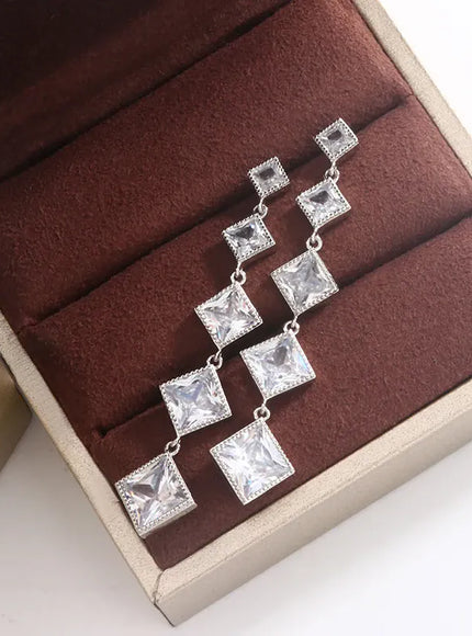 KissICON Elegant Fringe Geometric Diamond Square Long Zircon Earrings