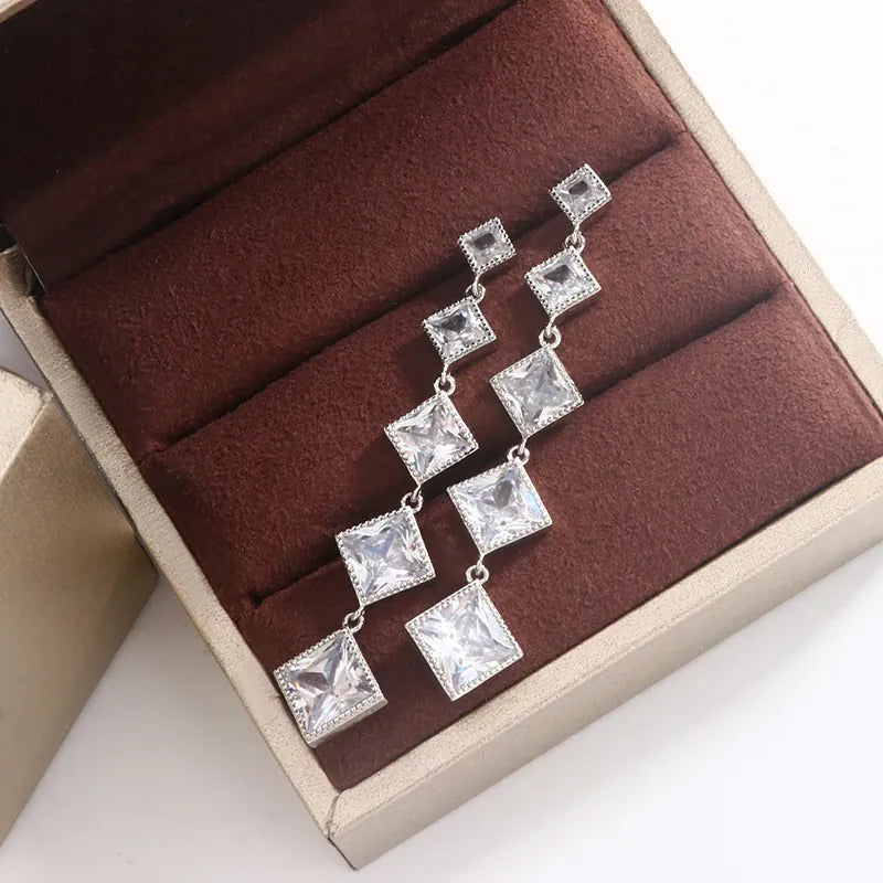 KissICON Elegant Fringe Geometric Diamond Square Long Zircon Earrings