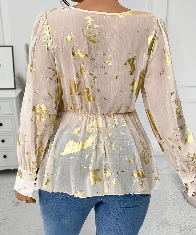 jkthpu-45 Elegant Gold Print Plus Size VNeck Sheer TieWaist Blouse