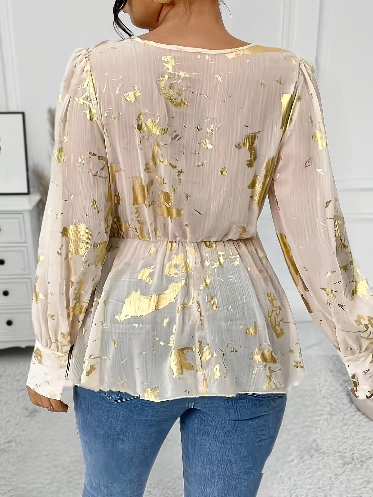 jkthpu-45 Elegant Gold Print Plus Size VNeck Sheer TieWaist Blouse