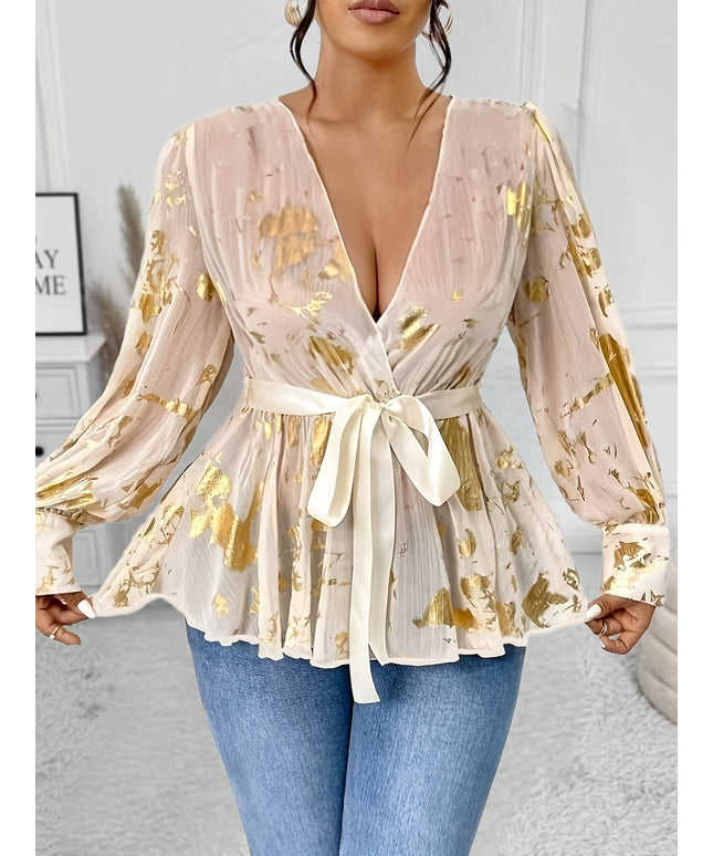 jkthpu-45 Elegant Gold Print Plus Size VNeck Sheer TieWaist Blouse