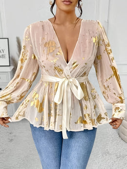 jkthpu-45 Elegant Gold Print Plus Size VNeck Sheer TieWaist Blouse