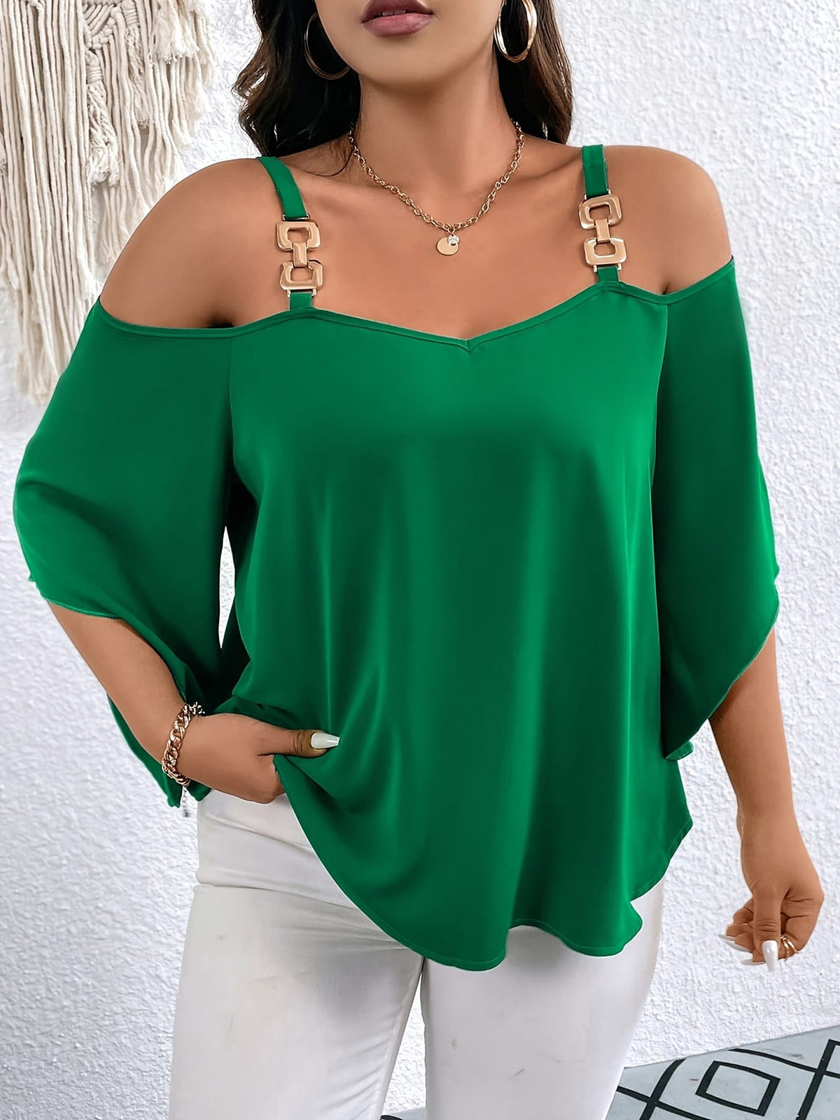 jkthpu-45 Elegant Green OffShoulder Plus Size Blouse