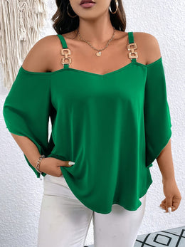jkthpu-45 Elegant Green OffShoulder Plus Size Blouse