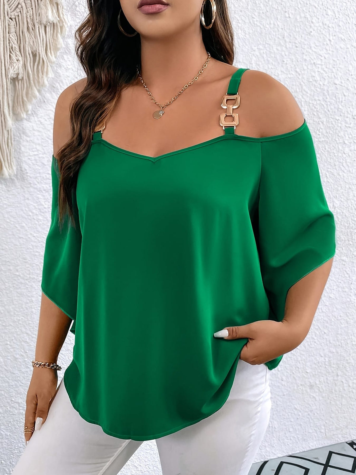 jkthpu-45 Elegant Green OffShoulder Plus Size Blouse