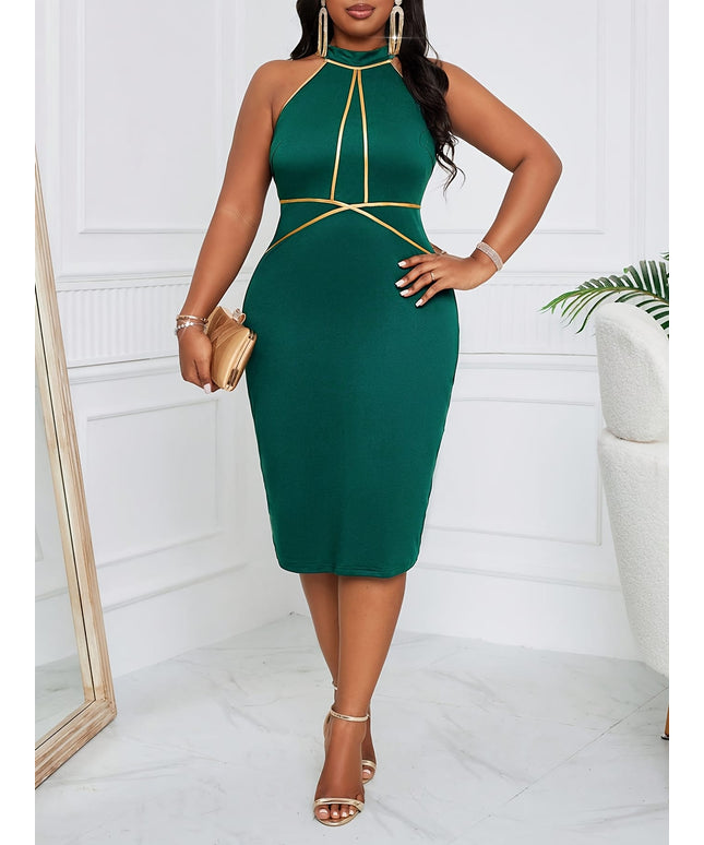 jkthpu-45 Elegant High-Neck Sleeveless Bodycon Dress for Women - Summer Polyester Knit Midi Dress with Zipper Detail, Machine Washable, Plus Size Available, Tight Fitted Dress