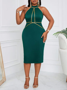 jkthpu-45 Elegant High-Neck Sleeveless Bodycon Dress for Women - Summer Polyester Knit Midi Dress with Zipper Detail, Machine Washable, Plus Size Available, Tight Fitted Dress