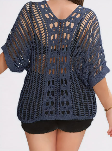 jkthpu-45 Elegant Hollow-Out Loose Casual Stylish V-Neck Short-Sleeve Knitted