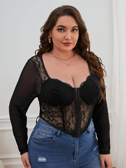 jkthpu-45 Elegant Lace Mesh VNeck Corset Top with Buttons