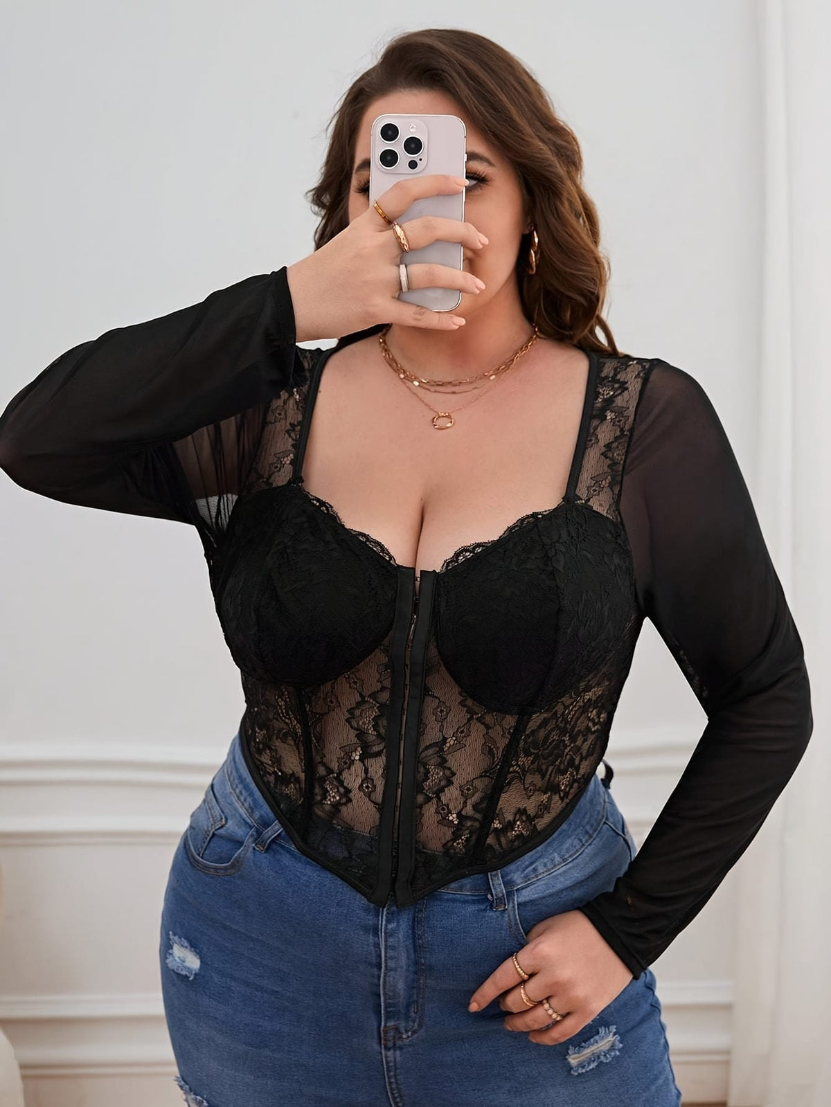 jkthpu-45 Elegant Lace Mesh VNeck Corset Top with Buttons