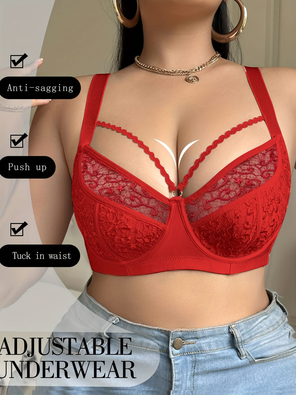 jkthpu-45 Elegant Lace PushUp Bra Breathable NonSlip Comfort