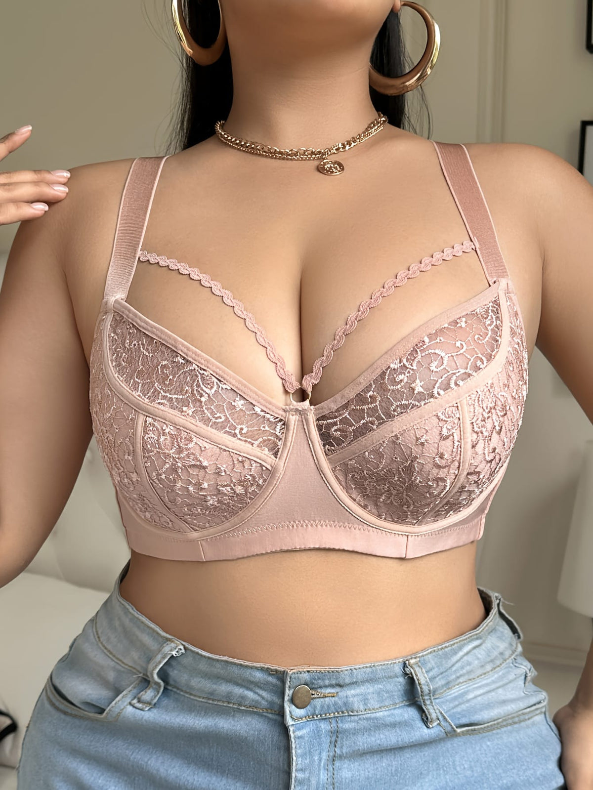 jkthpu-45 Elegant Lace PushUp Bra Breathable NonSlip Comfort