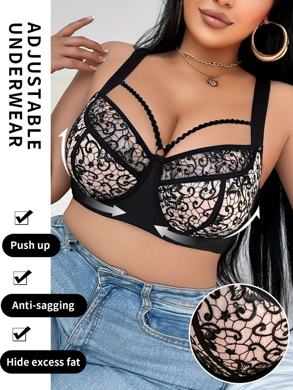 jkthpu-45 Elegant Lace PushUp Bra Breathable NonSlip Comfort