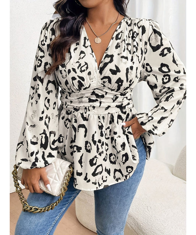 jkthpu-45 Elegant Leopard Plus Size Long Sleeve Cinched Waist Top