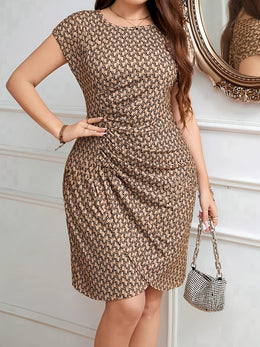jkthpu-45 Elegant Leopard Print Midi Dress with Ruffle Detail - Sleeveless, Crew Neck, Stretchy Polyester Fabric, All-Season Wear for Women, Stylish Geometric-Patterned Dress, Leopard Print Dres