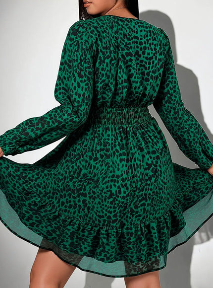 KissICON Dress Elegant Leopard V-Neck Plus Size A-Line Party Dress