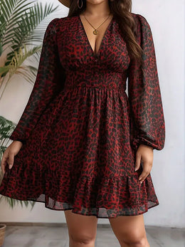 KissICON Dress Elegant Leopard V-Neck Plus Size A-Line Party Dress
