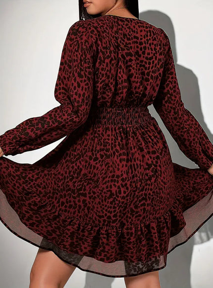 KissICON Dress Elegant Leopard V-Neck Plus Size A-Line Party Dress