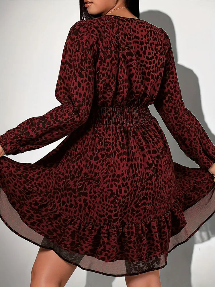 KissICON Dress Elegant Leopard V-Neck Plus Size A-Line Party Dress