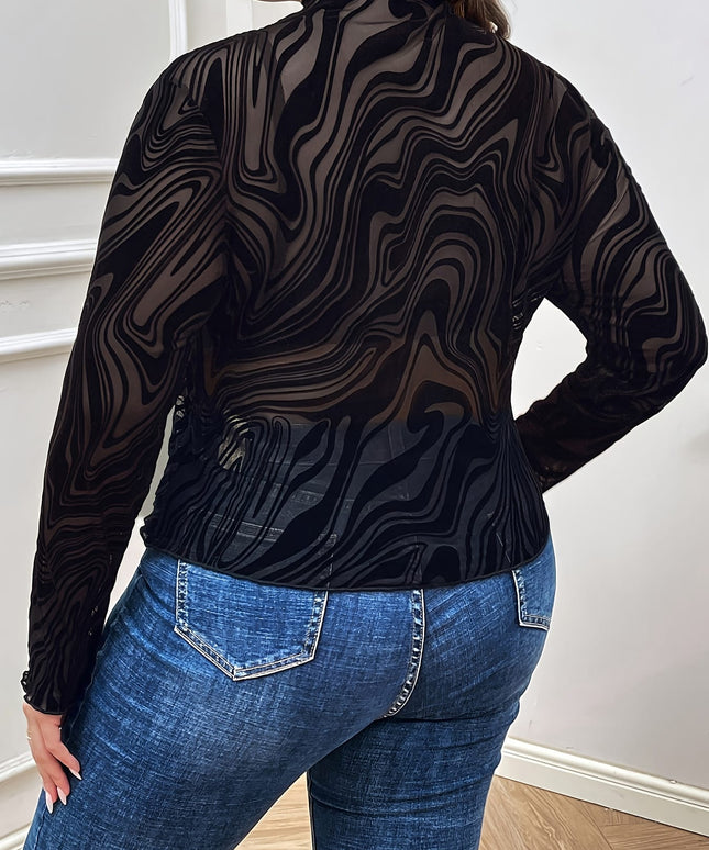 jkthpu-45 Elegant Marble Print Blouse Chic Long Sleeve Top
