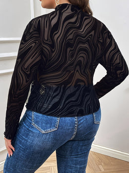 jkthpu-45 Elegant Marble Print Blouse Chic Long Sleeve Top