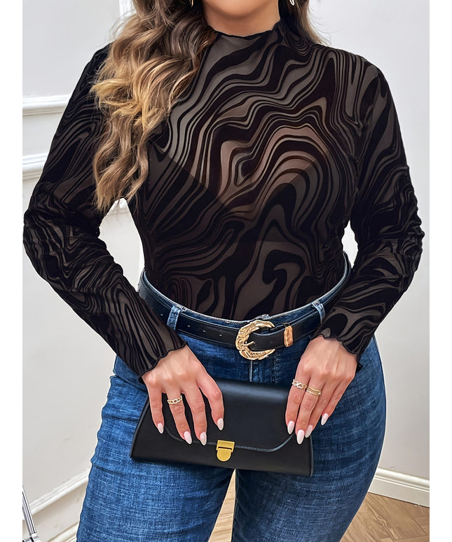 jkthpu-45 Elegant Marble Print Blouse Chic Long Sleeve Top