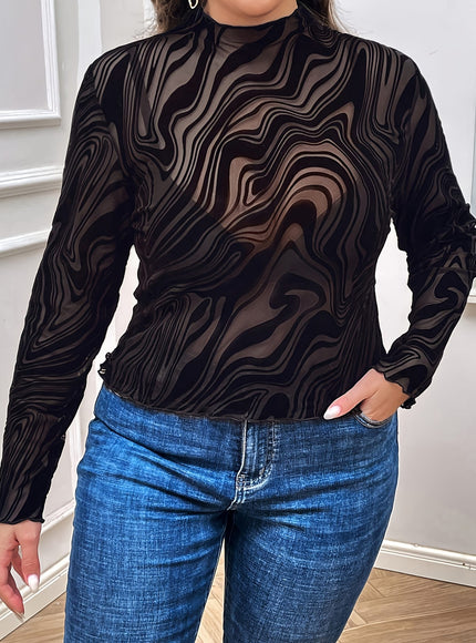jkthpu-45 Elegant Marble Print Blouse Chic Long Sleeve Top
