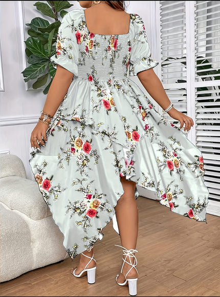 jkthpu-45 [Elegant Maxi Dress] Elegant Plus Size Floral Print Maxi Dress | V-Neck, Lace-Up Detail, Asymmetrical Hem - Non-Stretch Fabric, Perfect for All Seasons