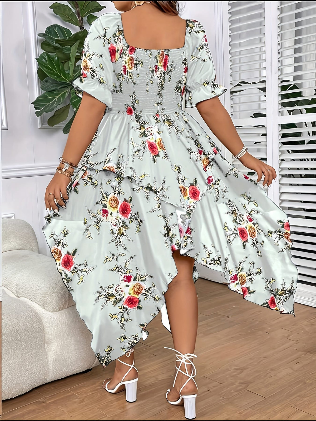 jkthpu-45 [Elegant Maxi Dress] Elegant Plus Size Floral Print Maxi Dress | V-Neck, Lace-Up Detail, Asymmetrical Hem - Non-Stretch Fabric, Perfect for All Seasons