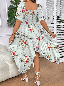 jkthpu-45 [Elegant Maxi Dress] Elegant Plus Size Floral Print Maxi Dress | V-Neck, Lace-Up Detail, Asymmetrical Hem - Non-Stretch Fabric, Perfect for All Seasons