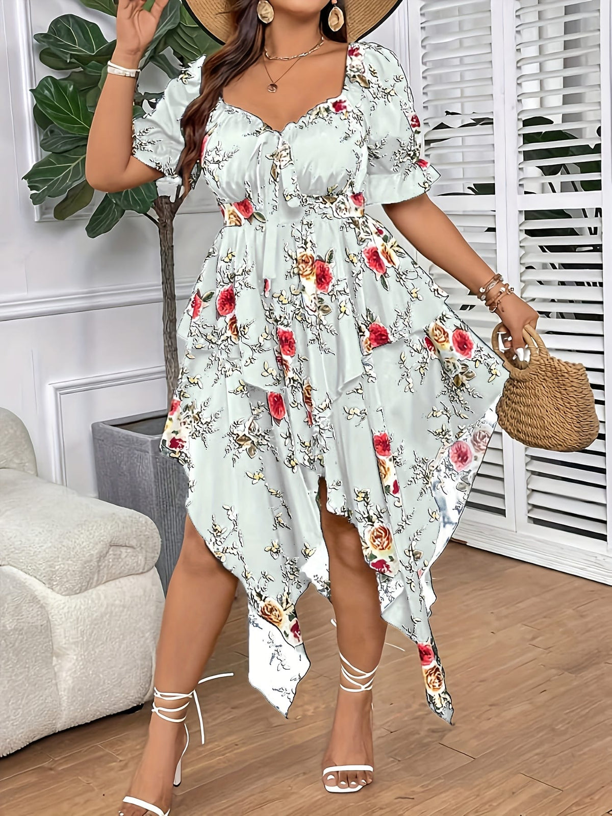 jkthpu-45 [Elegant Maxi Dress] Elegant Plus Size Floral Print Maxi Dress | V-Neck, Lace-Up Detail, Asymmetrical Hem - Non-Stretch Fabric, Perfect for All Seasons