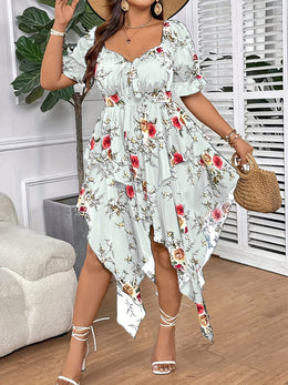 jkthpu-45 [Elegant Maxi Dress] Elegant Plus Size Floral Print Maxi Dress | V-Neck, Lace-Up Detail, Asymmetrical Hem - Non-Stretch Fabric, Perfect for All Seasons