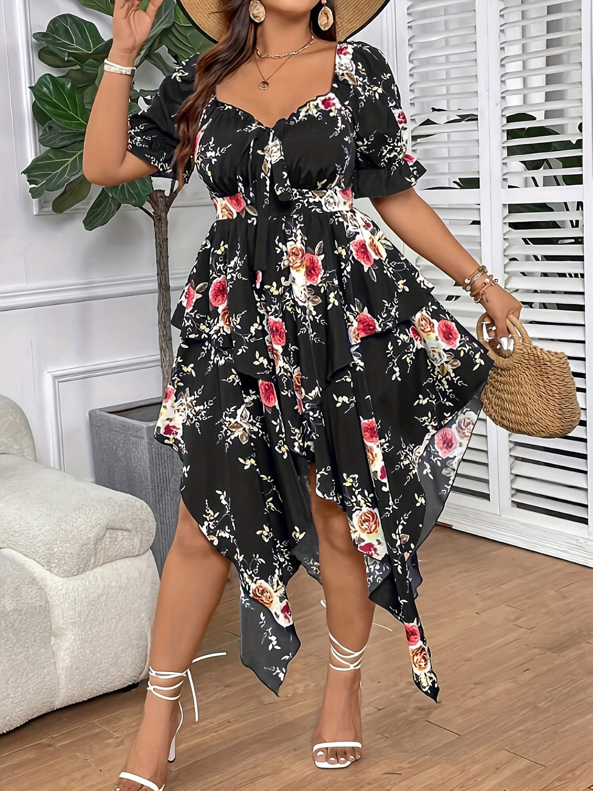 jkthpu-45 [Elegant Maxi Dress] Elegant Plus Size Floral Print Maxi Dress | V-Neck, Lace-Up Detail, Asymmetrical Hem - Non-Stretch Fabric, Perfect for All Seasons