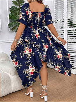 jkthpu-45 [Elegant Maxi Dress] Elegant Plus Size Floral Print Maxi Dress | V-Neck, Lace-Up Detail, Asymmetrical Hem - Non-Stretch Fabric, Perfect for All Seasons