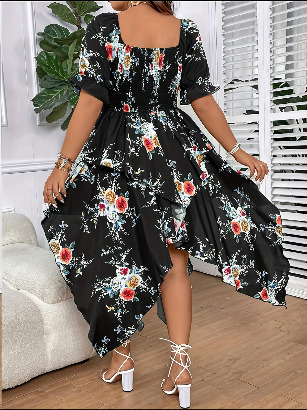 jkthpu-45 [Elegant Maxi Dress] Elegant Plus Size Floral Print Maxi Dress | V-Neck, Lace-Up Detail, Asymmetrical Hem - Non-Stretch Fabric, Perfect for All Seasons