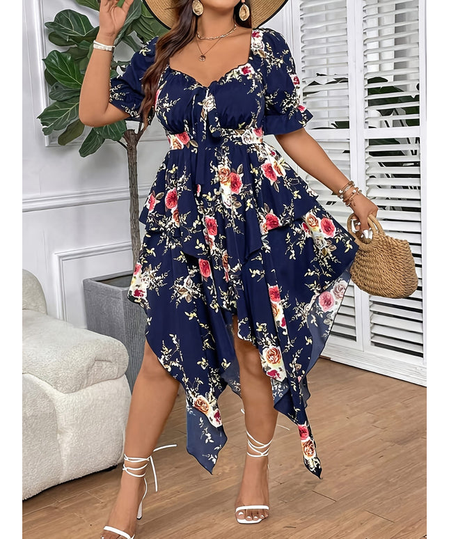jkthpu-45 [Elegant Maxi Dress] Elegant Plus Size Floral Print Maxi Dress | V-Neck, Lace-Up Detail, Asymmetrical Hem - Non-Stretch Fabric, Perfect for All Seasons