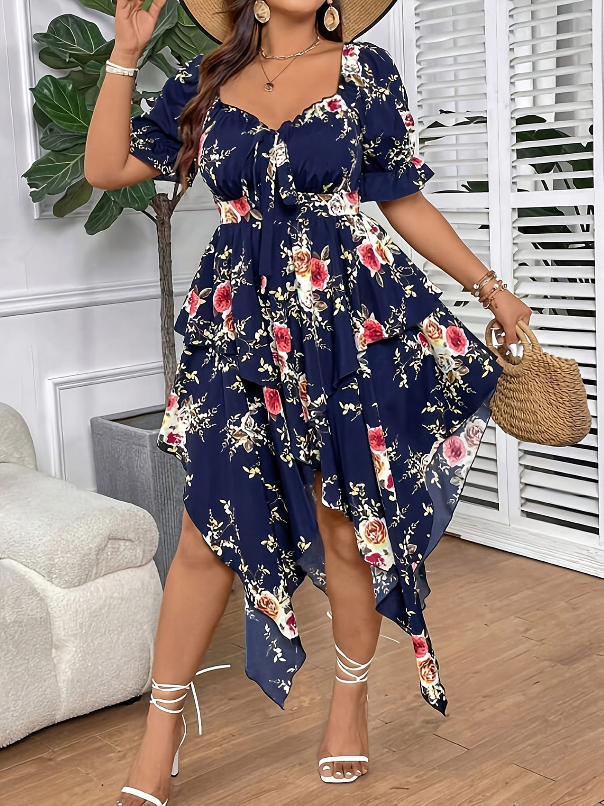 jkthpu-45 [Elegant Maxi Dress] Elegant Plus Size Floral Print Maxi Dress | V-Neck, Lace-Up Detail, Asymmetrical Hem - Non-Stretch Fabric, Perfect for All Seasons