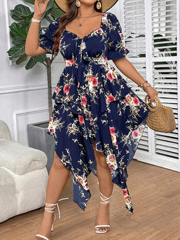 jkthpu-45 [Elegant Maxi Dress] Elegant Plus Size Floral Print Maxi Dress | V-Neck, Lace-Up Detail, Asymmetrical Hem - Non-Stretch Fabric, Perfect for All Seasons