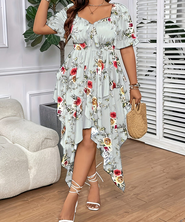 jkthpu-45 [Elegant Maxi Dress] Elegant Plus Size Floral Print Maxi Dress | V-Neck, Lace-Up Detail, Asymmetrical Hem - Non-Stretch Fabric, Perfect for All Seasons