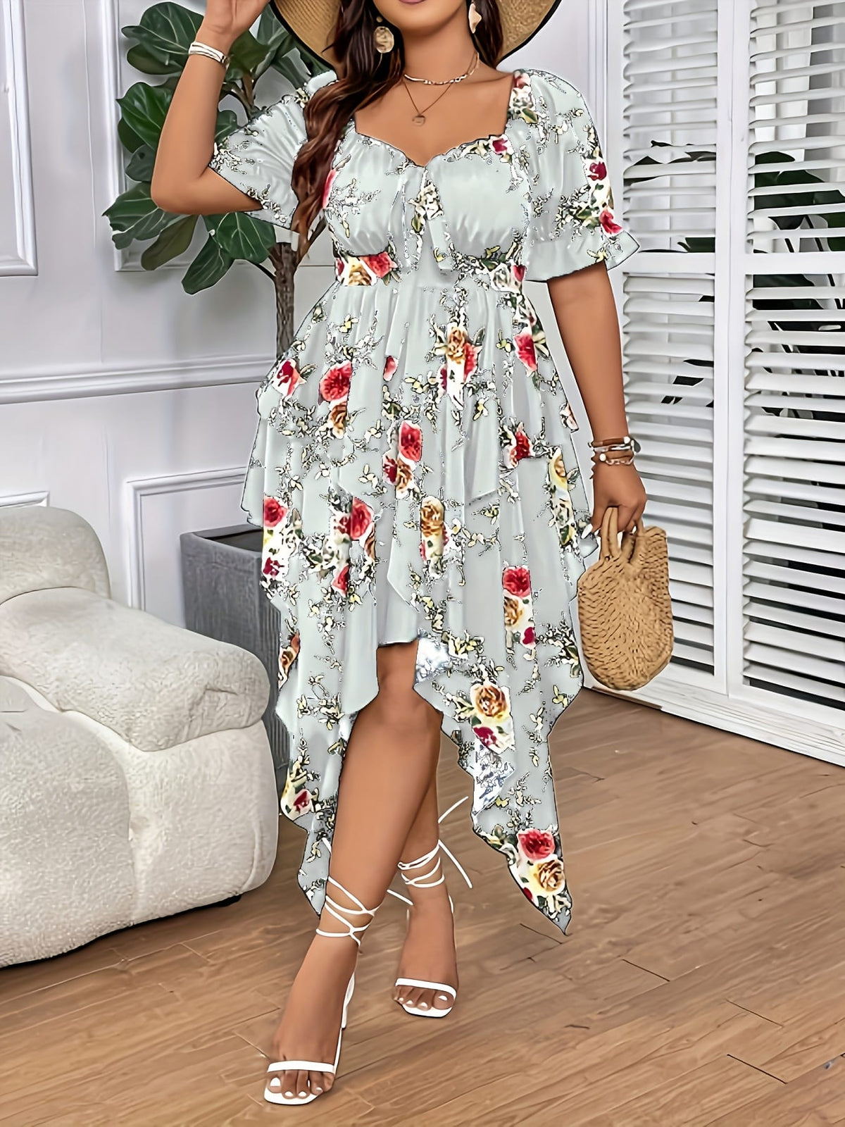 jkthpu-45 [Elegant Maxi Dress] Elegant Plus Size Floral Print Maxi Dress | V-Neck, Lace-Up Detail, Asymmetrical Hem - Non-Stretch Fabric, Perfect for All Seasons