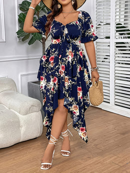 jkthpu-45 [Elegant Maxi Dress] Elegant Plus Size Floral Print Maxi Dress | V-Neck, Lace-Up Detail, Asymmetrical Hem - Non-Stretch Fabric, Perfect for All Seasons
