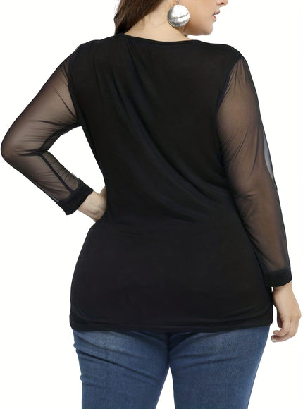jkthpu-45 Elegant Mesh Panel Stretchy Blouse Versatile Style