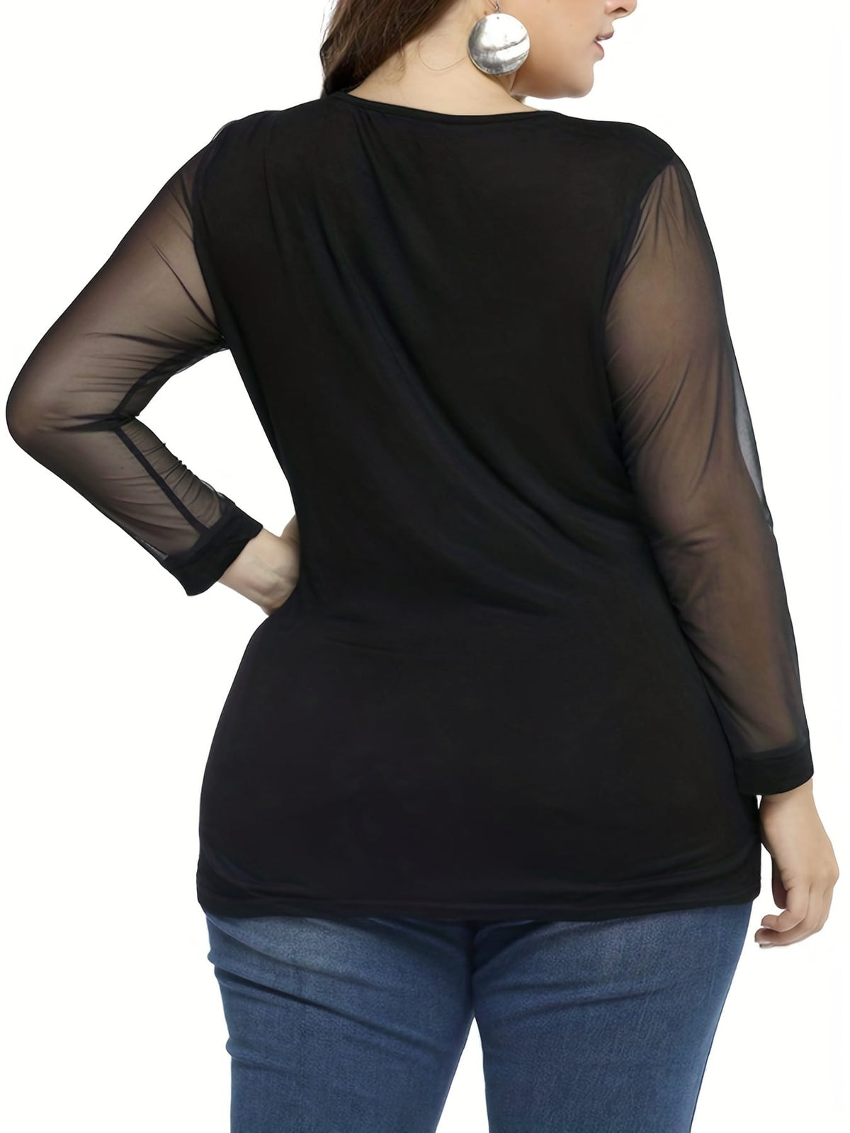 jkthpu-45 Elegant Mesh Panel Stretchy Blouse Versatile Style