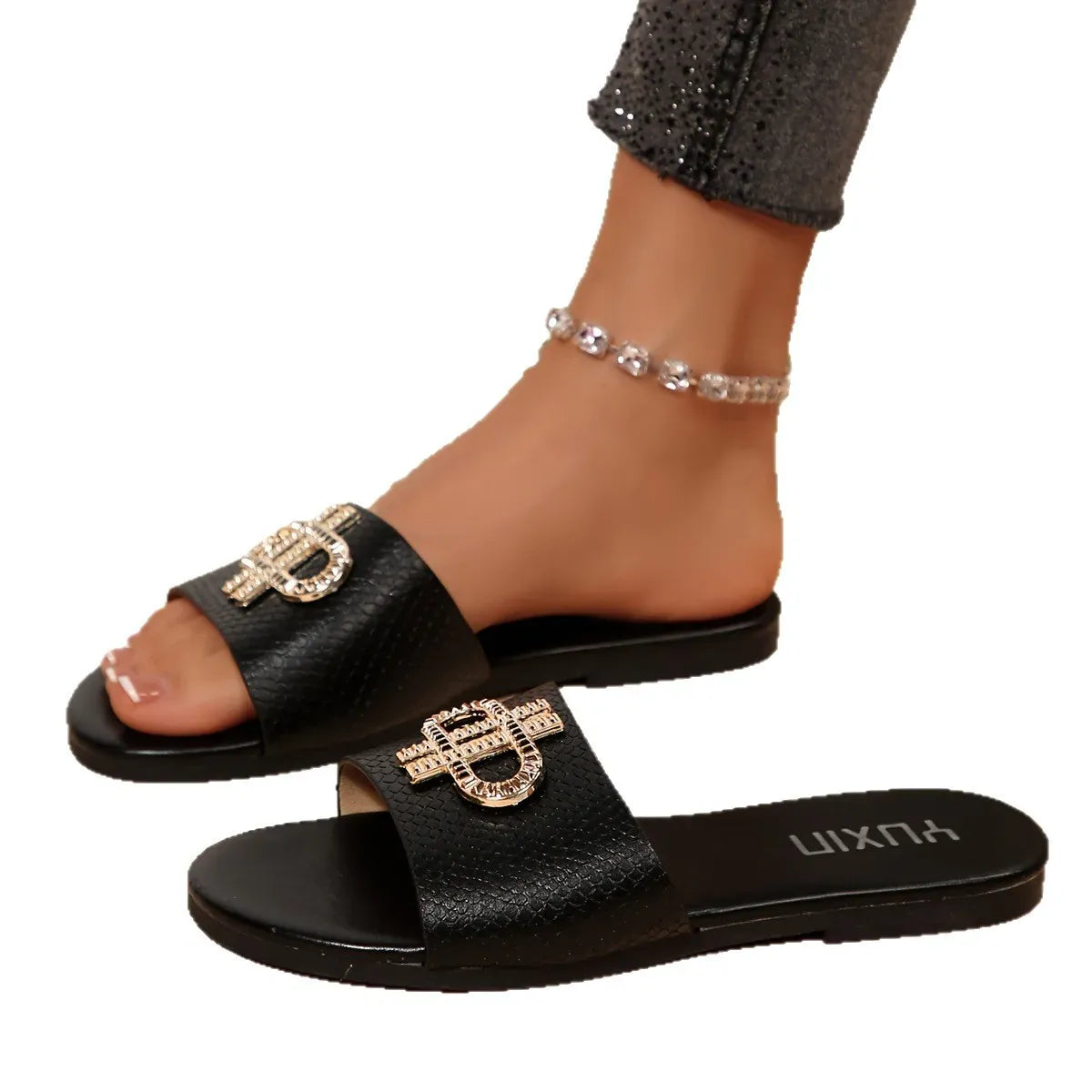 jkthpu-45 Elegant Metal Trim Flat Sandals for Chic Everyday Style