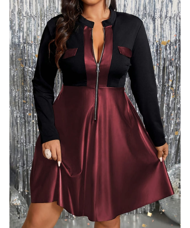 jkthpu-45 Elegant Midi Tunic Dress - Polyester 95% Spandex 5%, Long Sleeve, Loose Fit | Contrast Collar, PU Leather Skirt, Fall/Winter Collection