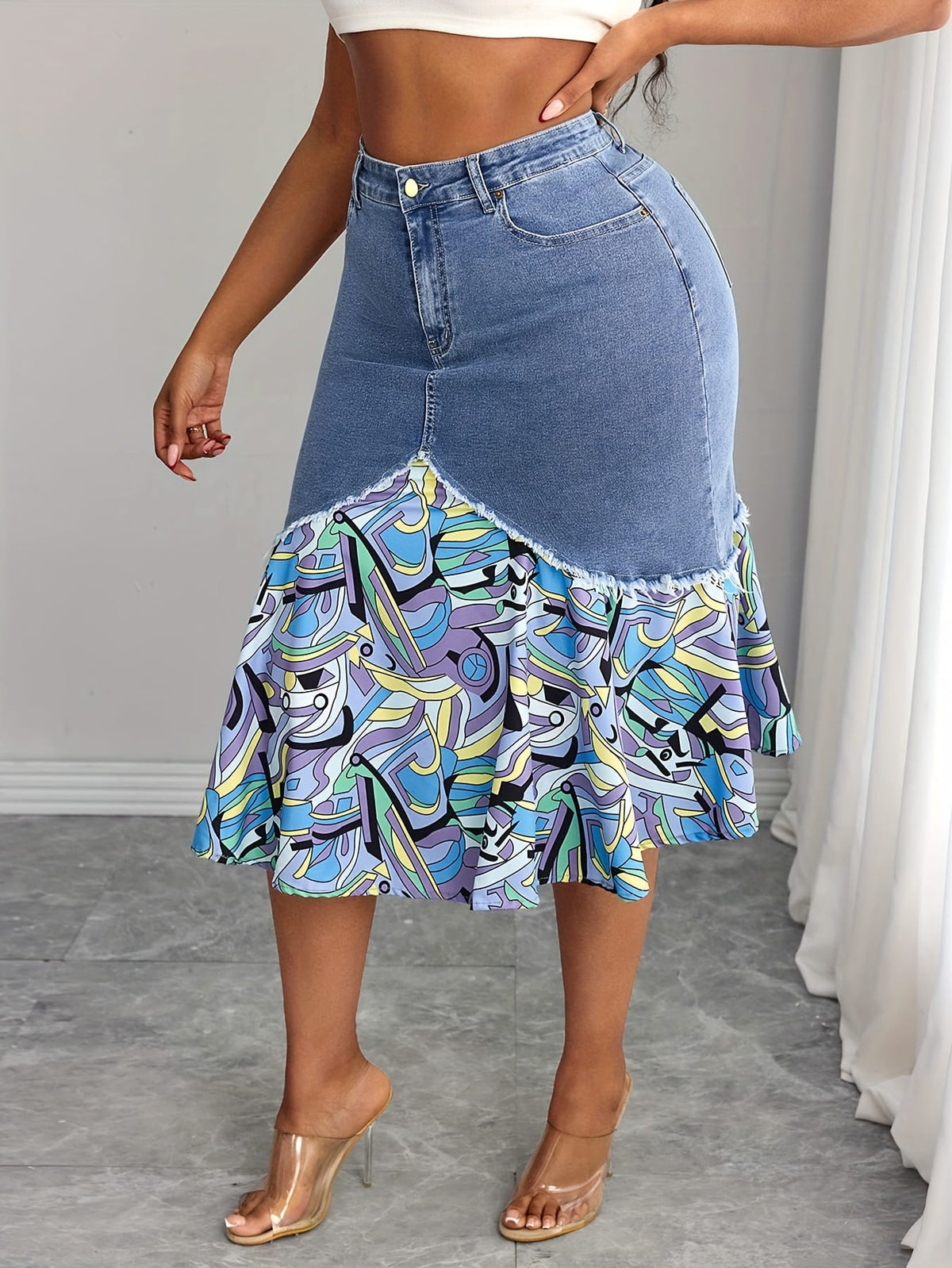 jkthpu-45 Elegant NonSeeThrough Frayed Hem MidLength Denim Skirt