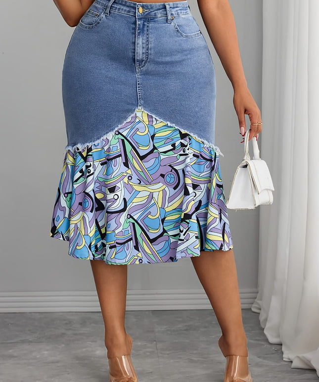 jkthpu-45 Elegant NonSeeThrough Frayed Hem MidLength Denim Skirt