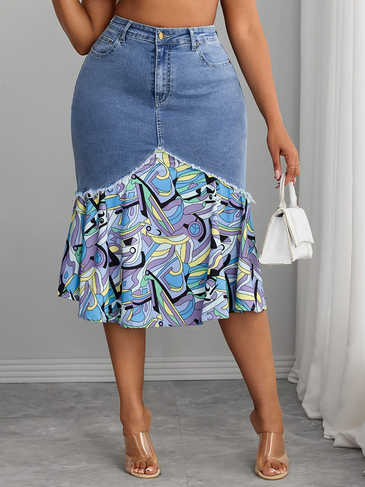 jkthpu-45 Elegant NonSeeThrough Frayed Hem MidLength Denim Skirt
