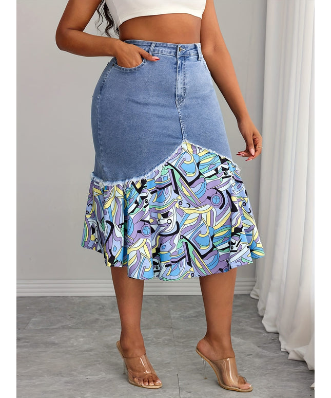jkthpu-45 Elegant NonSeeThrough Frayed Hem MidLength Denim Skirt